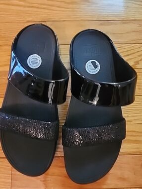Fitflop Lulu Black Shiny Crystal  Slide Sandals with Glitter Strap